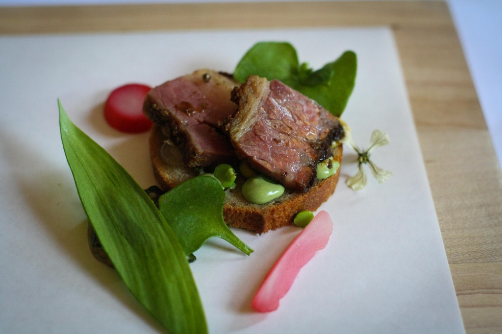 Pastrami with ramps, rye, mustard and cherry