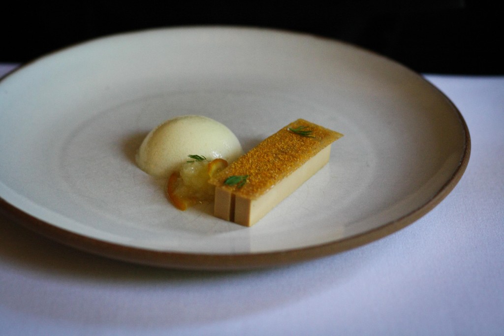 Foie Gras terrine - with orange=chamomile, white asparagus and bitter almond