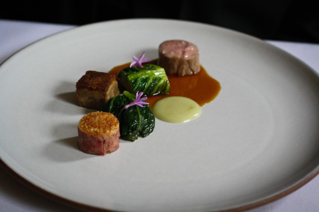 Lamb - broth with cured lamb and watercress - Roasted with lettuce, garlic, and onion blossoms