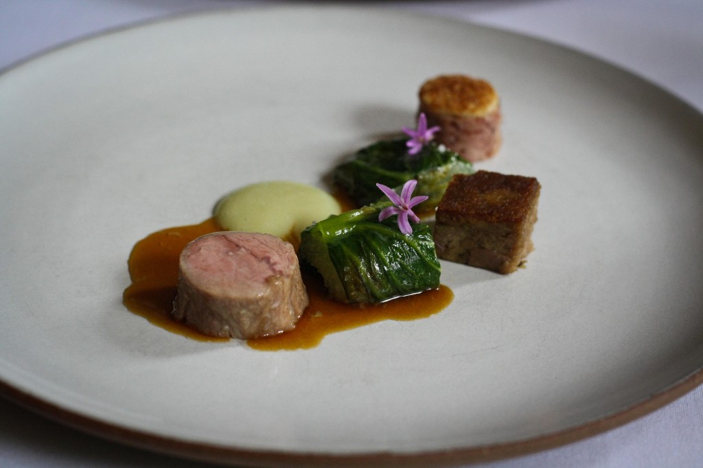 Lamb - broth with cured lamb and watercress - Roasted with lettuce, garlic, and onion blossoms