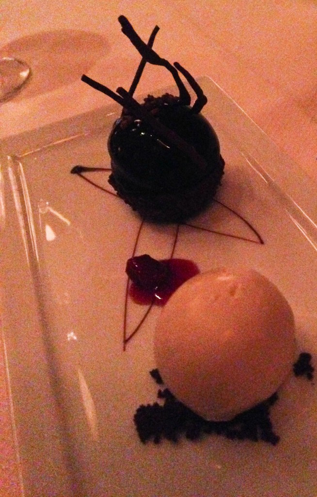 Daniel Dessert #3 - Complimentary - ATOME ROUGE  Tainori Sphere, Chocolate-Almond Financier  Red Fruit-Black Tea Ice Cream