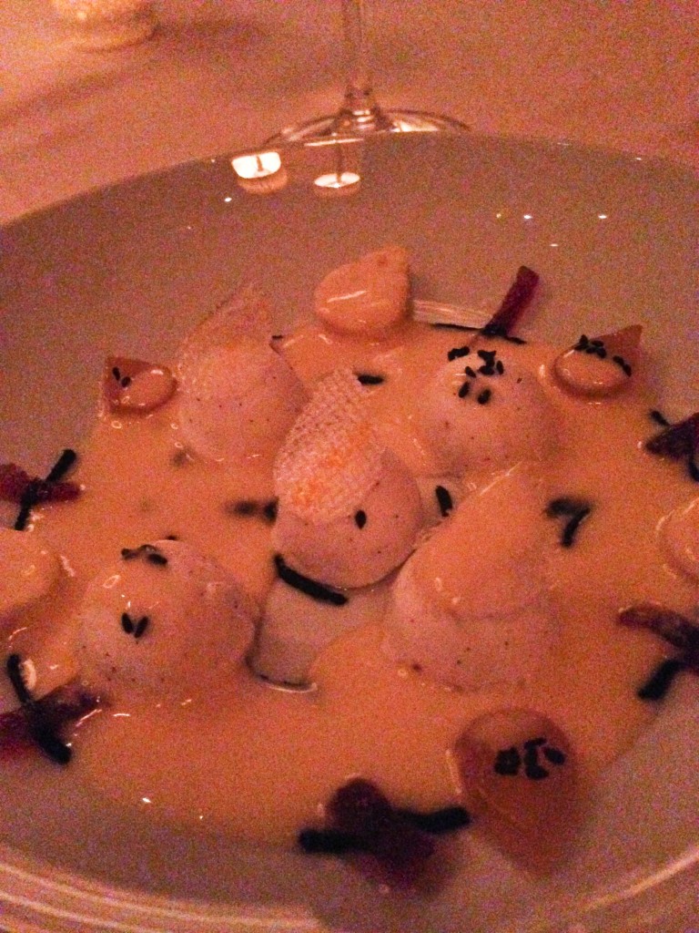 Daniel Dessert #2 - ISLAND OF PASSIFLORA  Floating Island, Black Sesame Praliné  Passion Fruit Confit and Yuzu Anglaise