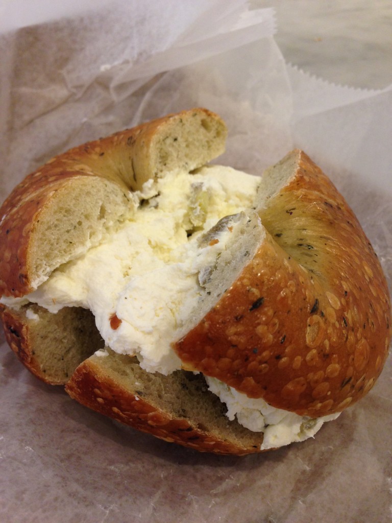 Spinach bagel with just a smidgen of jalapeno cream cheese - MURRAY'S BAGELS