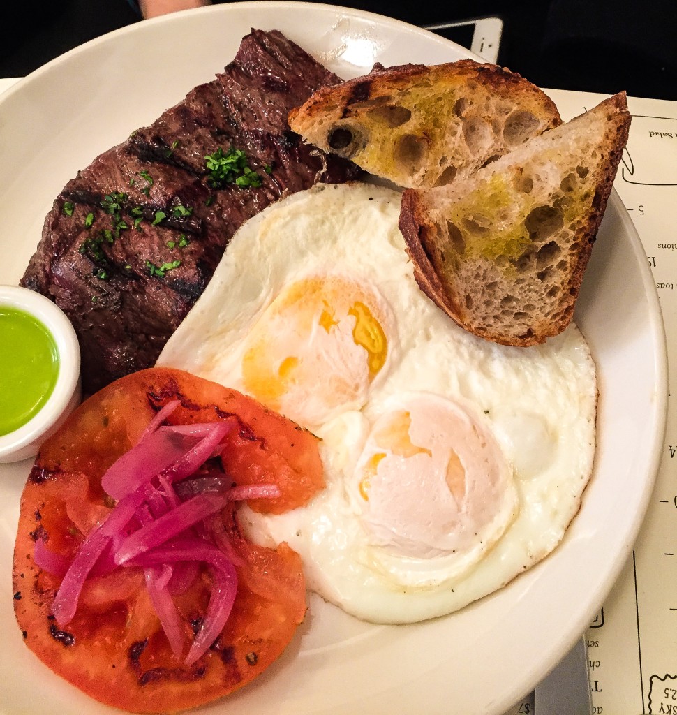 Jack’s Breakfast 19 — 2 eggs (any style), grilled skirt steak, grilled tomato, pickled red onions and sourdough toast