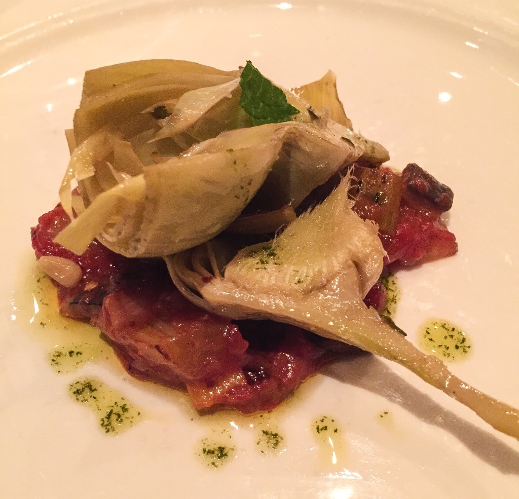 Poached Baby Artichokes with Eggplant Caponata and Mint