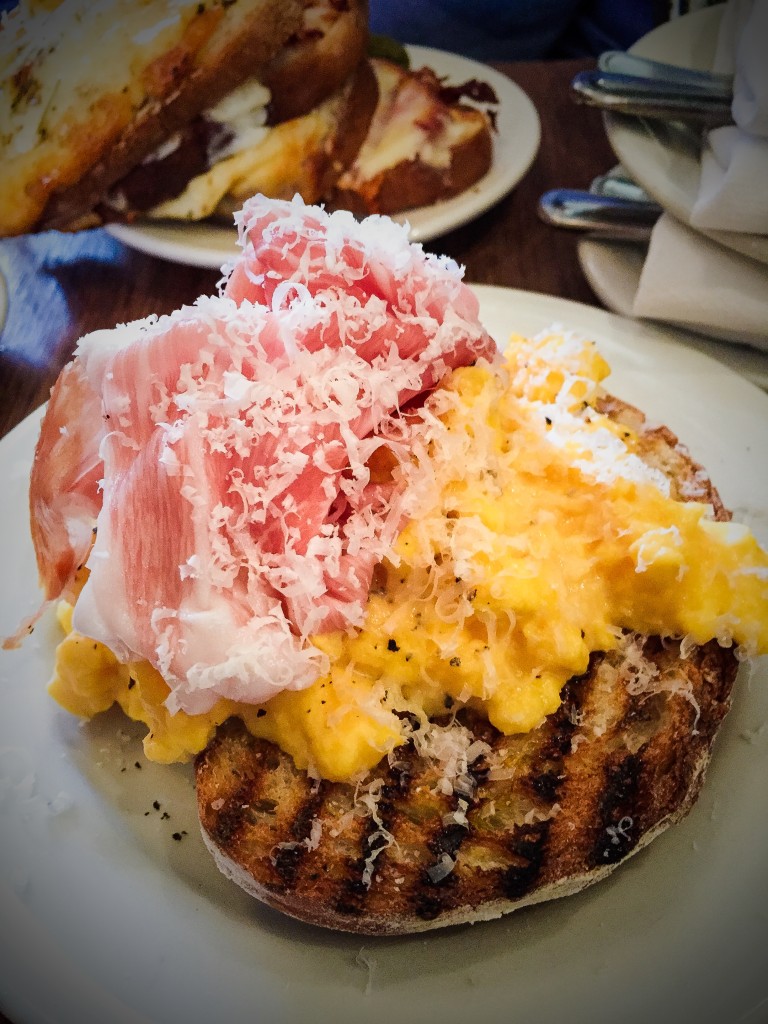 Jambon Cru - Steamed Eggs with Prosciutto and shaved parmesan on toast.