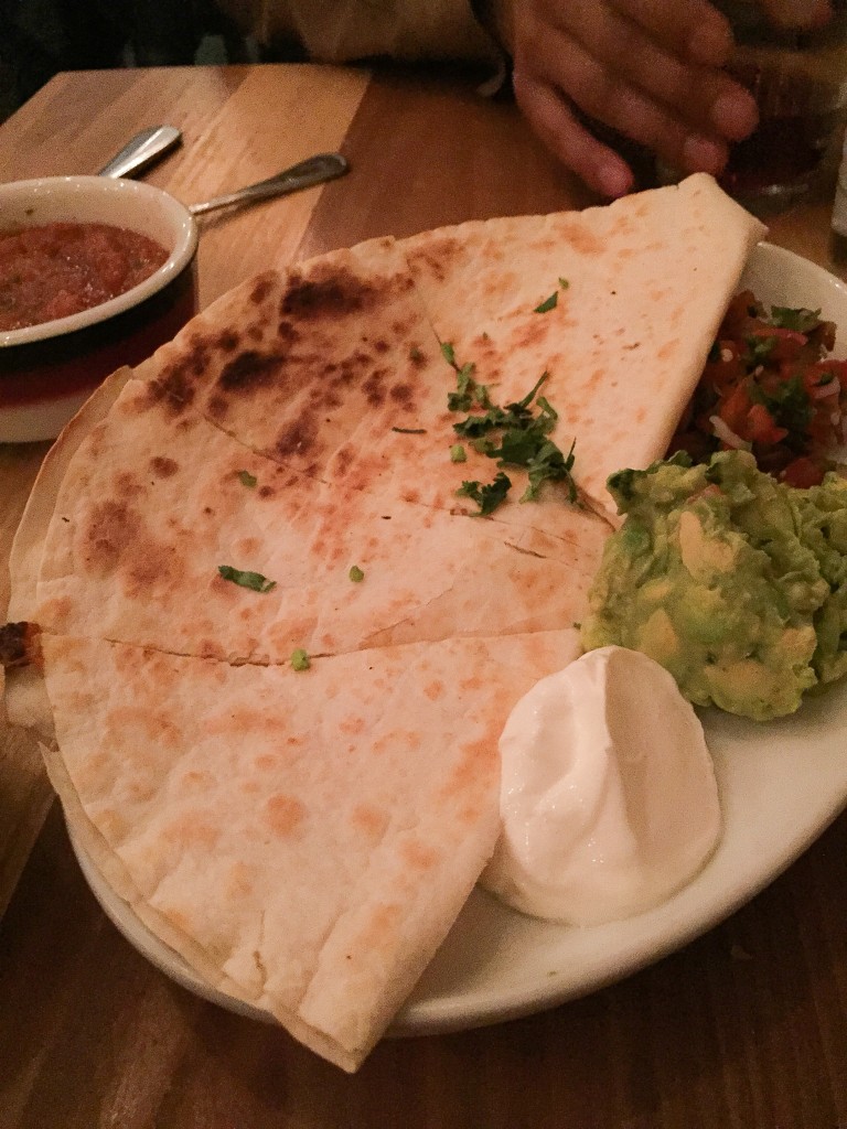 QUESADILLA 6. house made flour tortillas filled with cheese & jalapeño chili served with guacamole, pico de gallo & sour cream