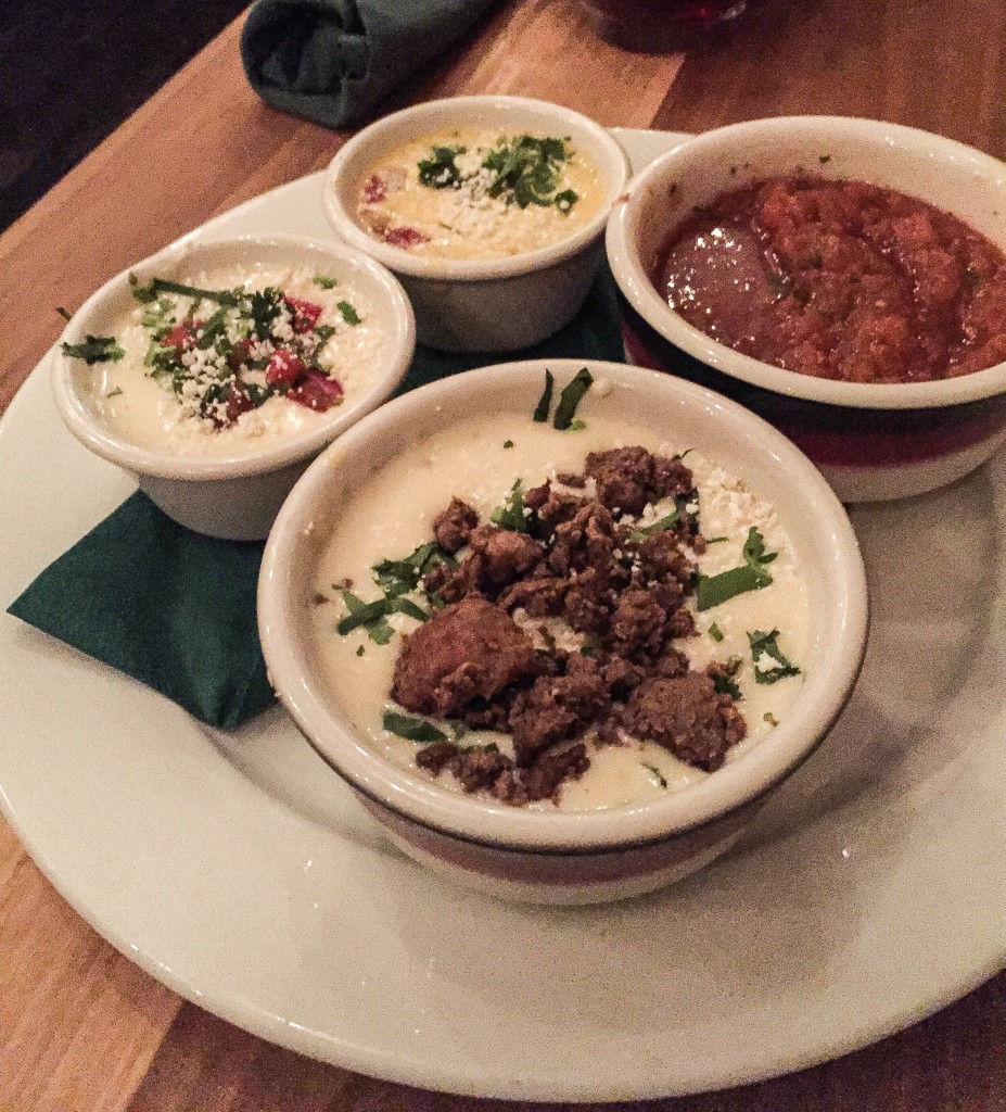 QUESO SAMPLER 14. traditional queso, white queso & Bob Armstrong Queso (with beef, avocado & sour cream)