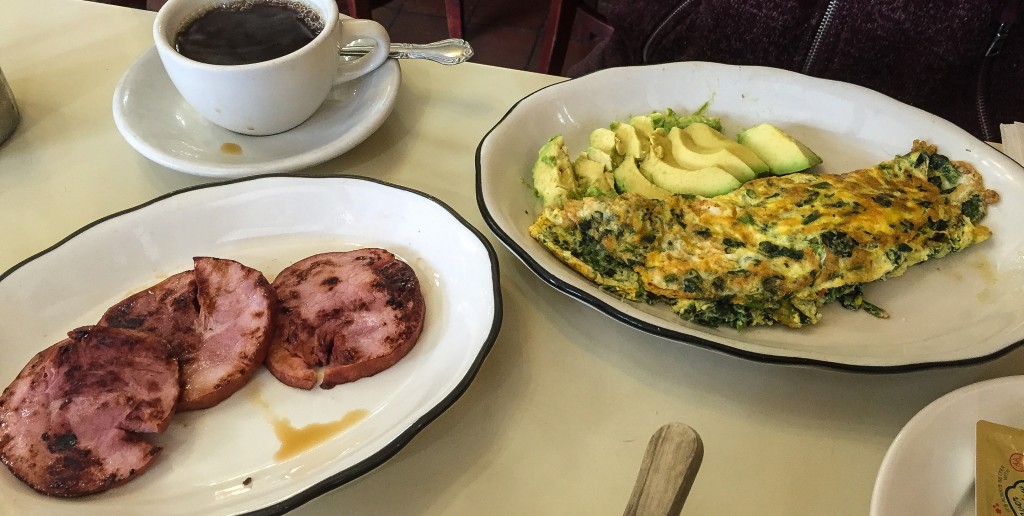 Spinach Omelette with avocado and Canadian bacon