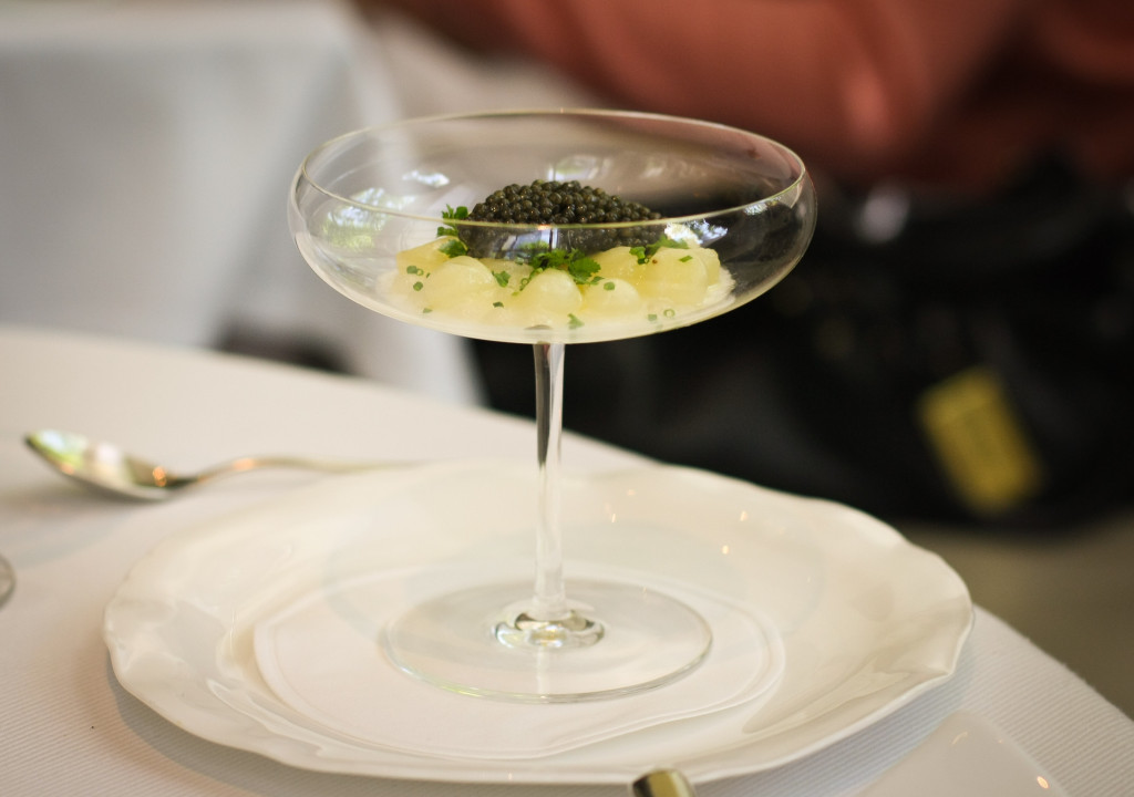 Warm Glazed Potatoes with Caviar, Tapioca and Herbs