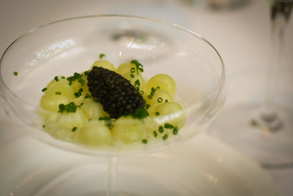 Warm Glazed Potatoes with Caviar, Tapioca and Herbs