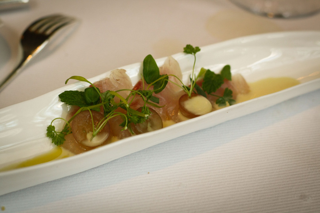 Madai Sashimi, Muscat Grapes, Buttermilk Emulsion and Herbs