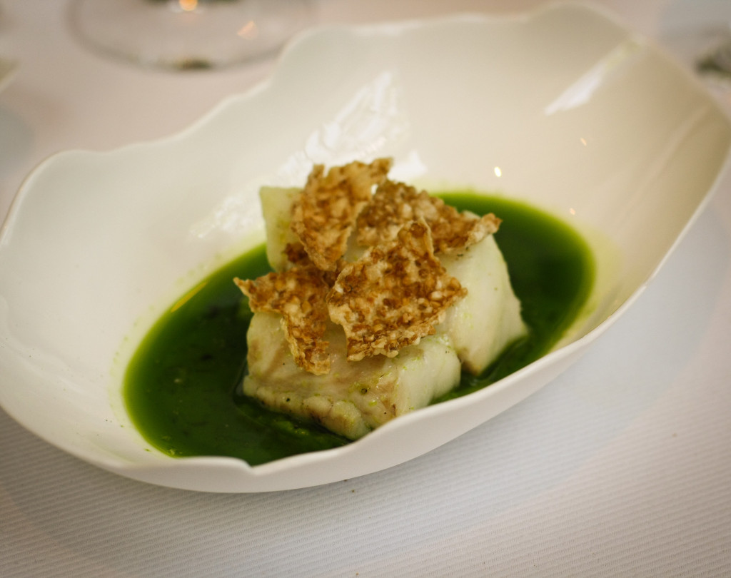 Slowly Cooked Hake, Summer Lettuce Puree, Herbal-Lime Vinaigrette