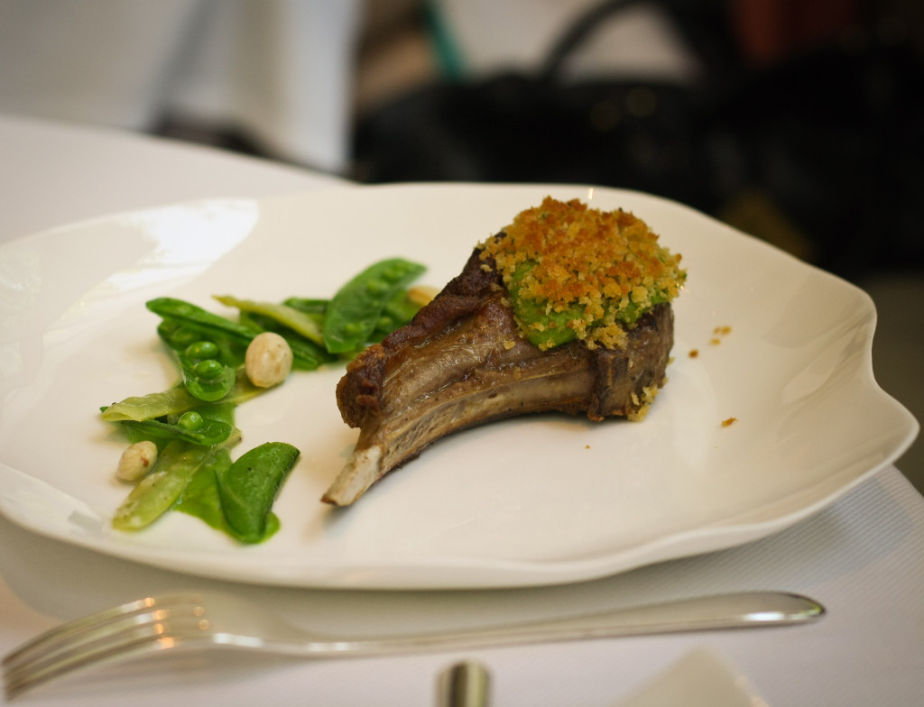 Roasted Rack of Lamb, Jalapeño Pea Purée, Mint Crumbs