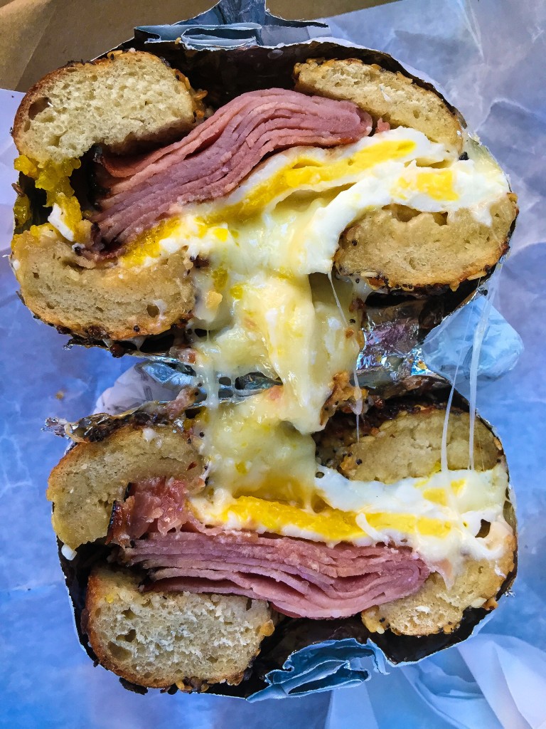 #13 - Baked Egg, Cheddar and Ham (on Everything bagel)