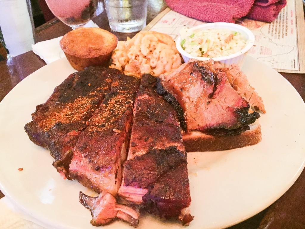 "Pick Two" BBQ Combo - Memphis Pork Ribs, Texas Brisket, mac and cheese, cole slaw and cornbread - $25.95