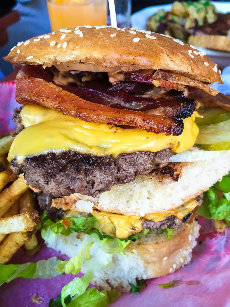 The Double Bubby • 21 double patty, double bacon, double cheese (American); lettuce, homemade pickles, onion, homemade bun, special sauce