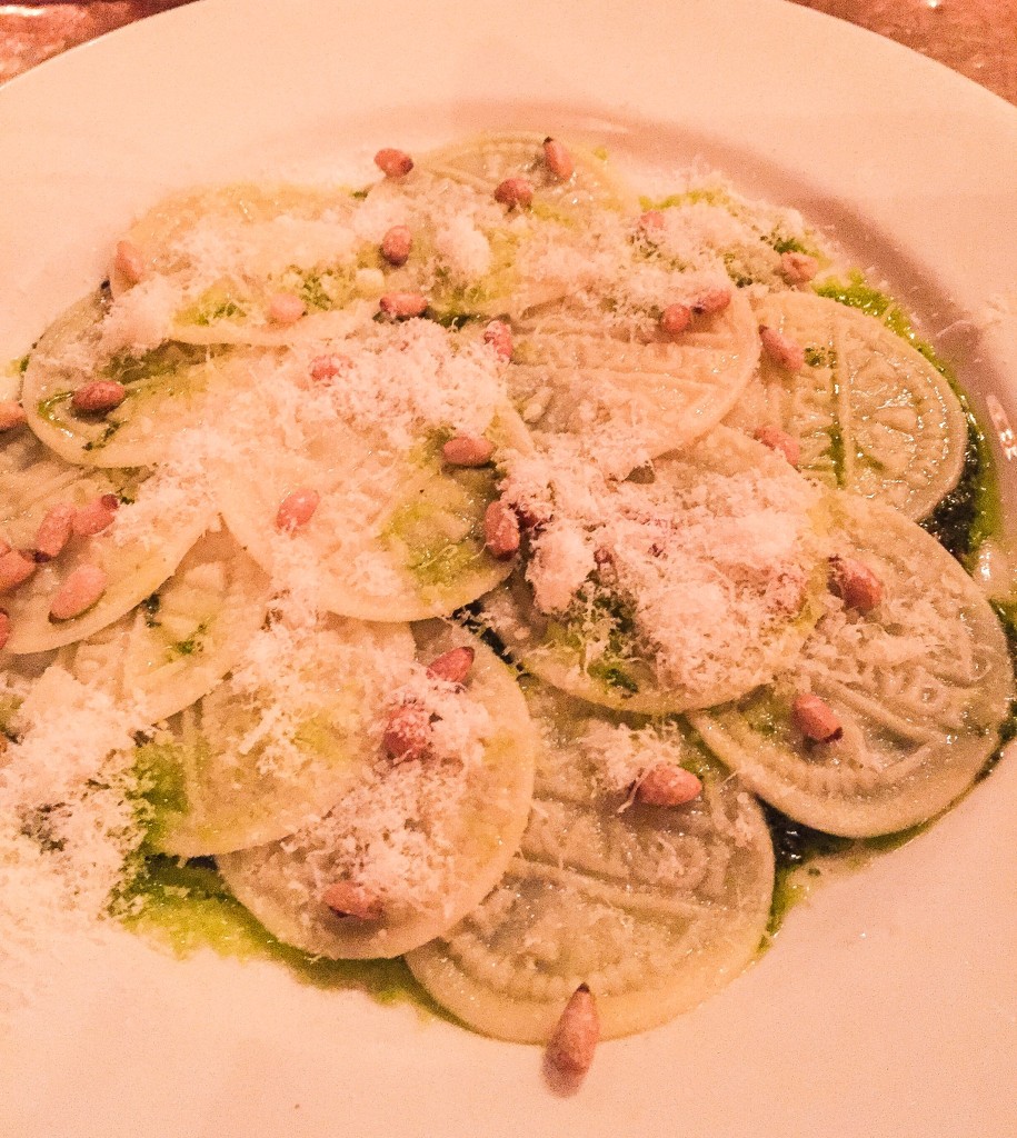 Corzetti al pesto hand stamped pasta with basil, pinenuts & parmesan .  .  .  .  .  .  .   18