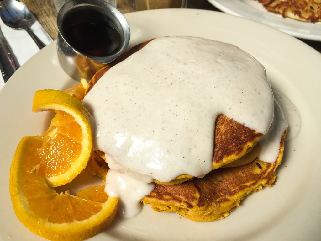 Pumpkin Pancakes— $11 topped w/ cinnamon yogurt