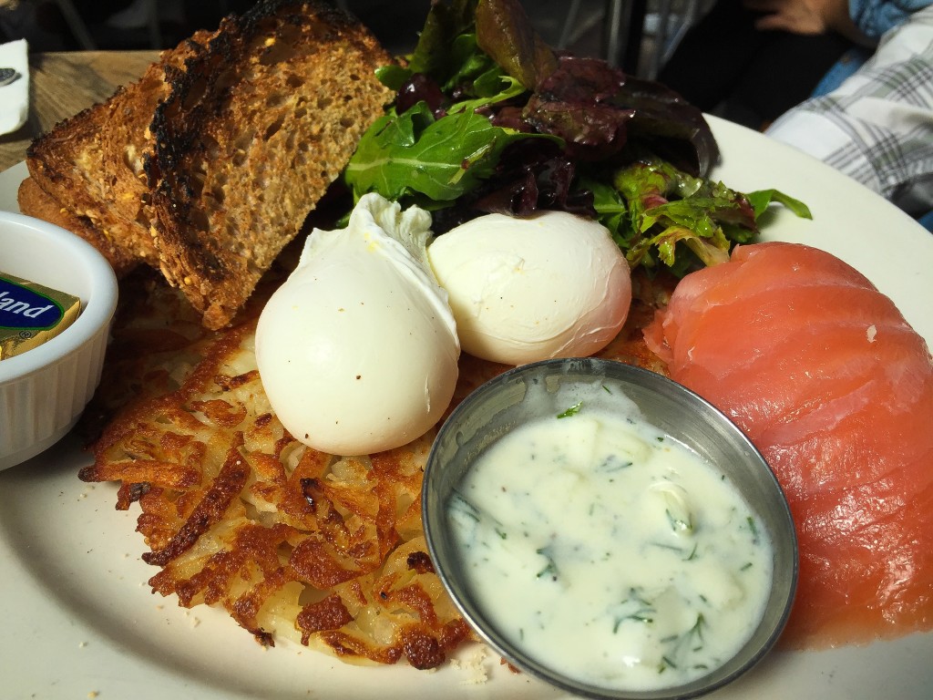 Poached Eggs over Potato Cake — $15 with smoked salmon and yogurt dill sauce 