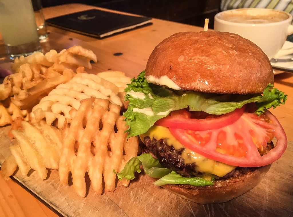 The Burger $18 hanger steak, pimento cheese, miso-russian dressing, housemade bun, steak fries 