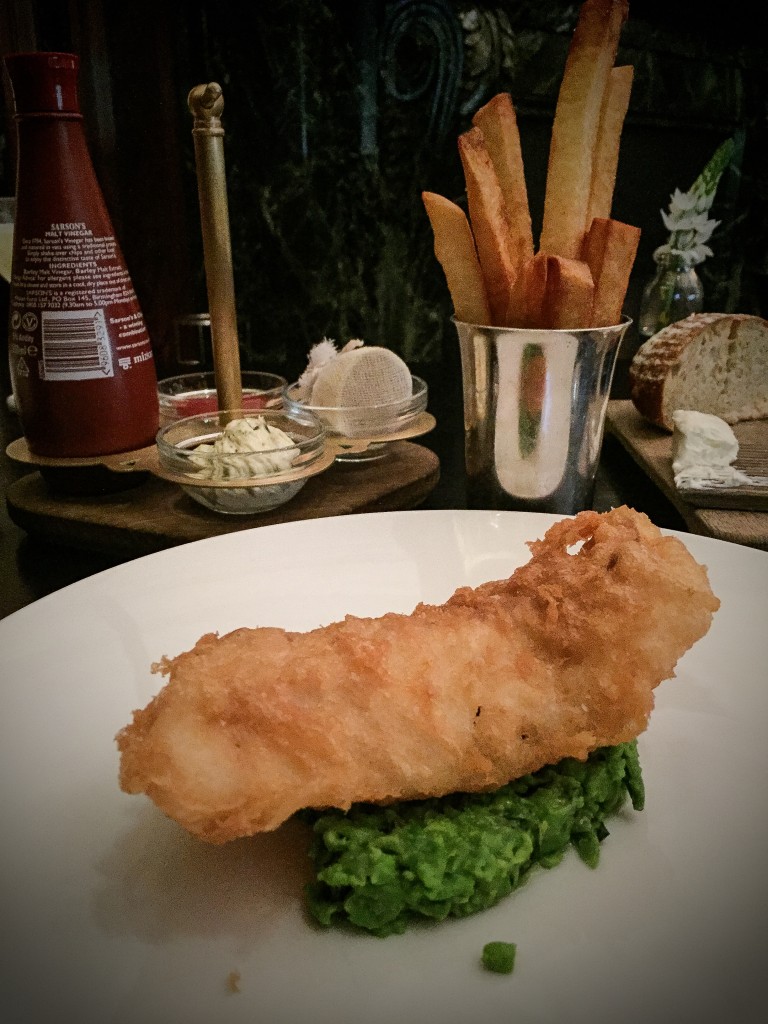 Fish and chips, mushy peas, triple cooked chips, tartar sauce - $23