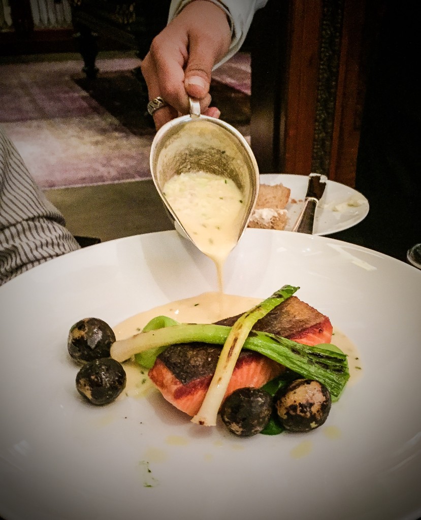 Roasted king salmon, young leeks, potatoes, oyster, cucumber and chive emulsion - $34