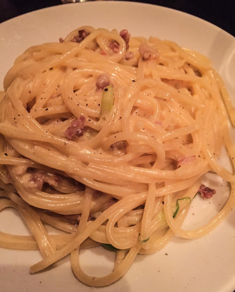 Spaghetti alla Carbonara pancetta, scallions, black pepper, egg - $12