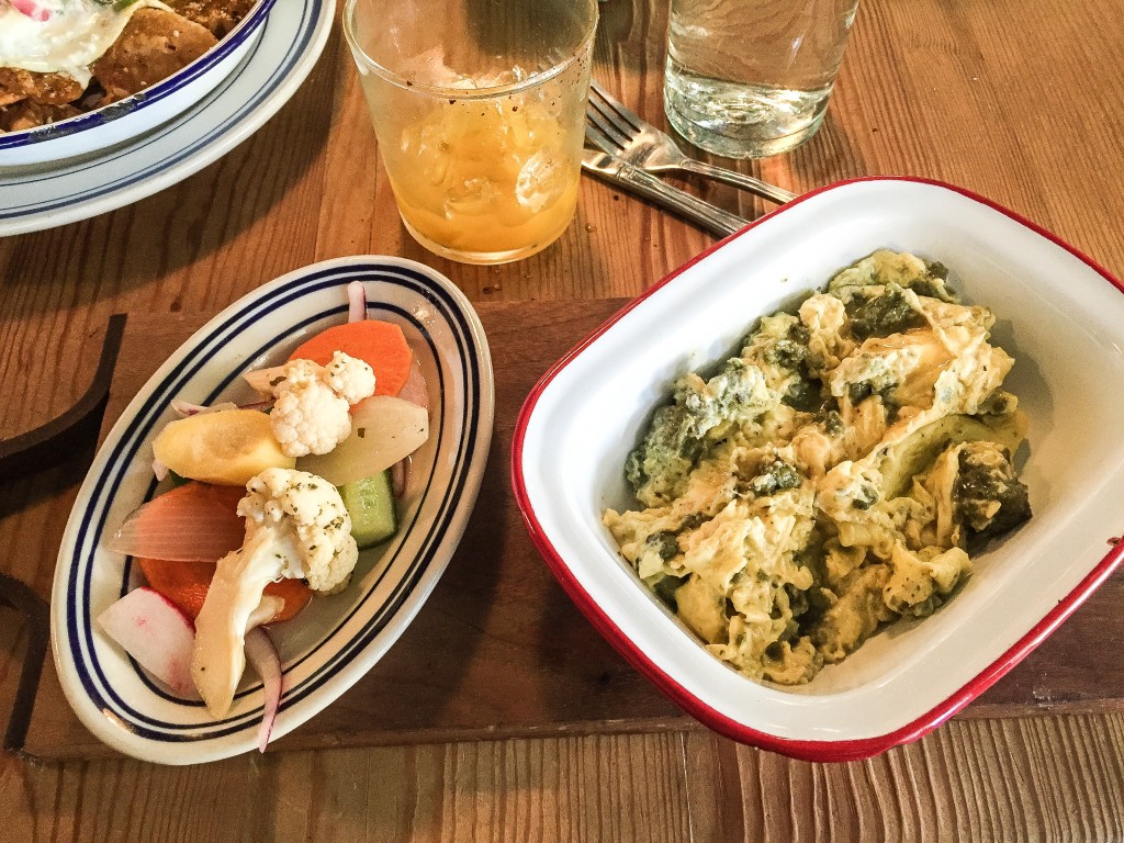 Huevos con Chorizo Verde: Scrambled Eggs, Green Chorizo Sausage, cucumber radish salad - $13