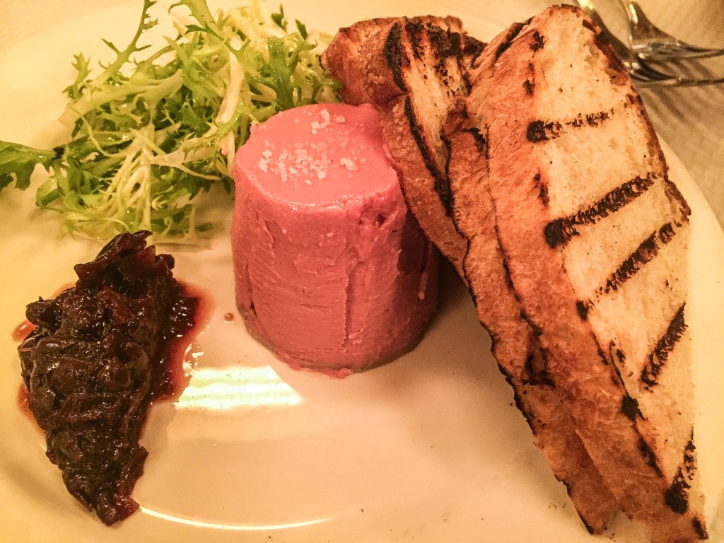 CHICKEN LIVER AND FOIE GRAS MOUSSE  with red onion confit and grilled country bread - $18.00