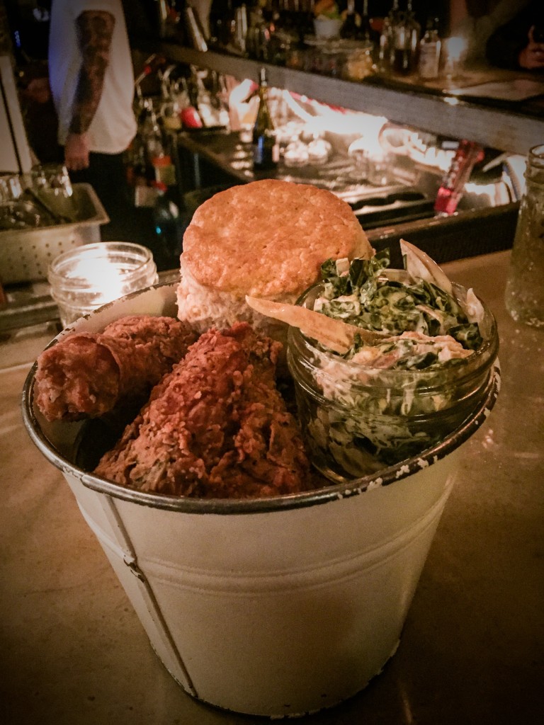 Sweet Chick Bucket $18  3 pc Fried Chicken, Collard Slaw, Buttermilk Biscuit