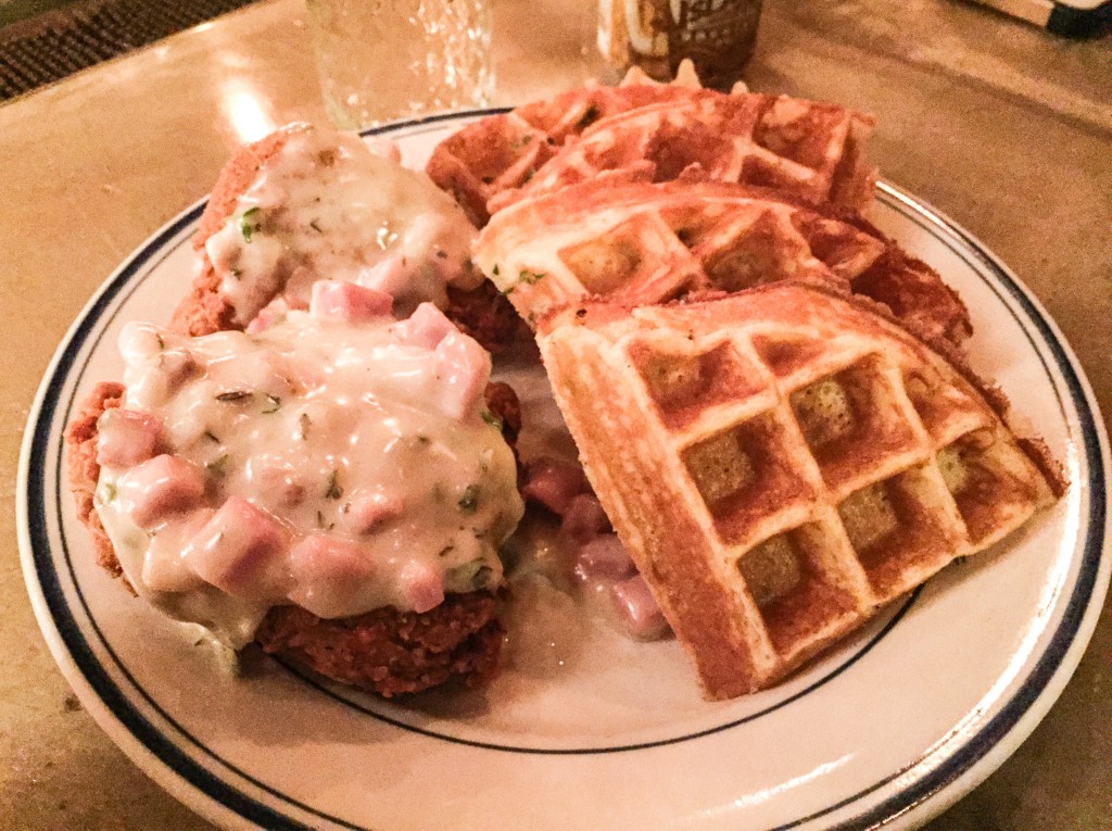 Cordon Bleu Chicken and Waffle $18  Ham and Gruyere Sauce, Gruyere and Thyme Waffle