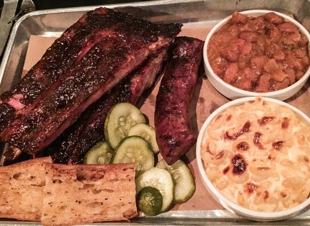 Pit Stop - $30 Pork Spare Ribs, Andouille Sausage, baked beans, mac and cheese.