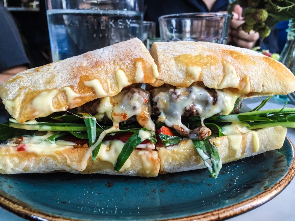 Bronte Burger - Seasoned Beef Patty, Sweet Chili Sauce, Mayo & Cheese on Ciabatta - $12