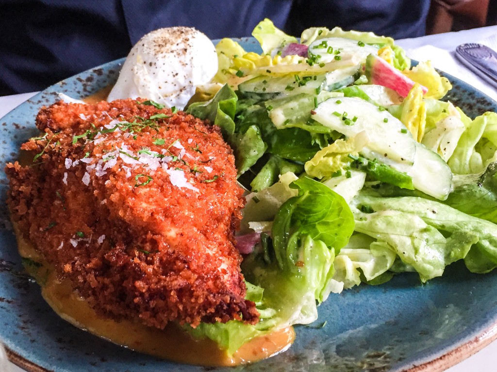 Chicken Schnitzel Salad - Bibb Lettuce, Poached Egg & Chili Mustard Sauce - $13