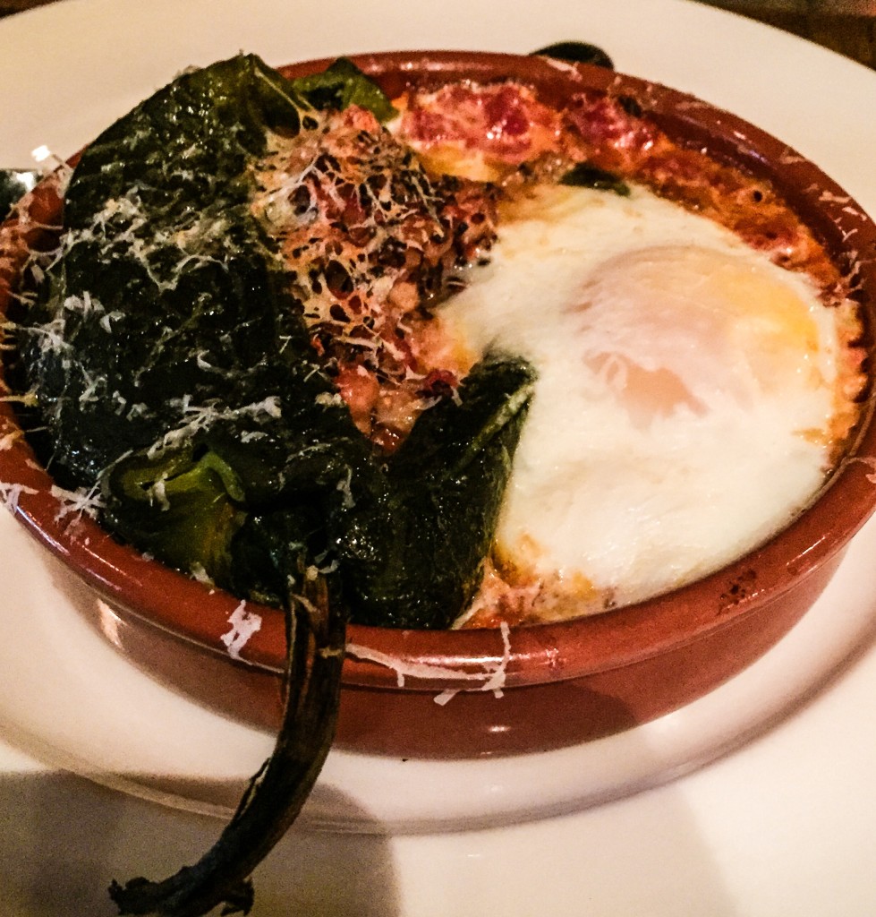 HARISSA BRAISED KALE -  APPLEWOOD SMOKED LAMB BACON & FRIED EGGS - $16