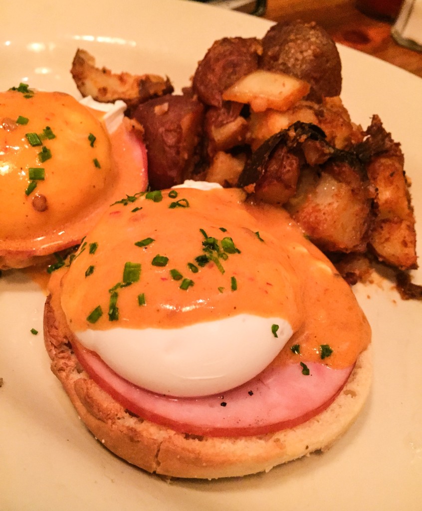 EGGS BENEDICT $9 Canadian ham, spicy Hollandaise sauce, English muffin, with home fries