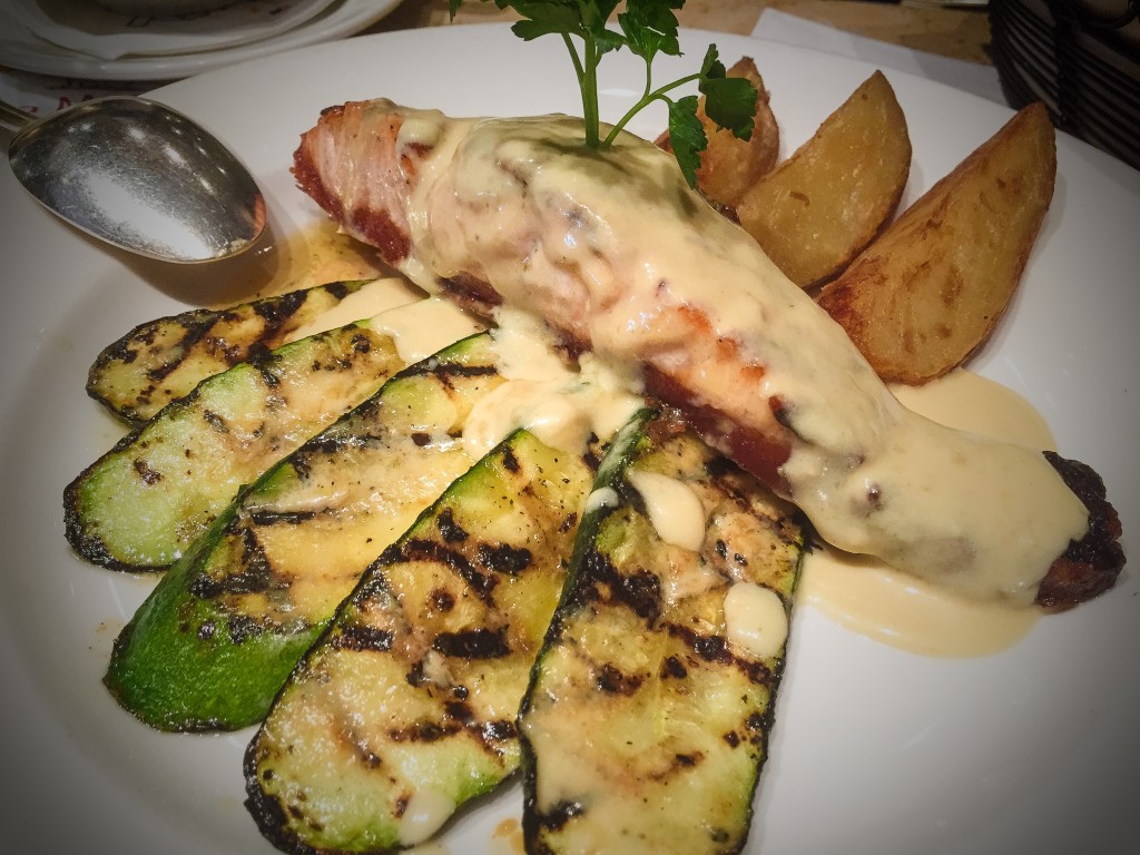 TRANCIO DI SALMONE ALLA GRIGLIA - $25  Grilled salmon fillet with grilled zucchini & mustard sauce