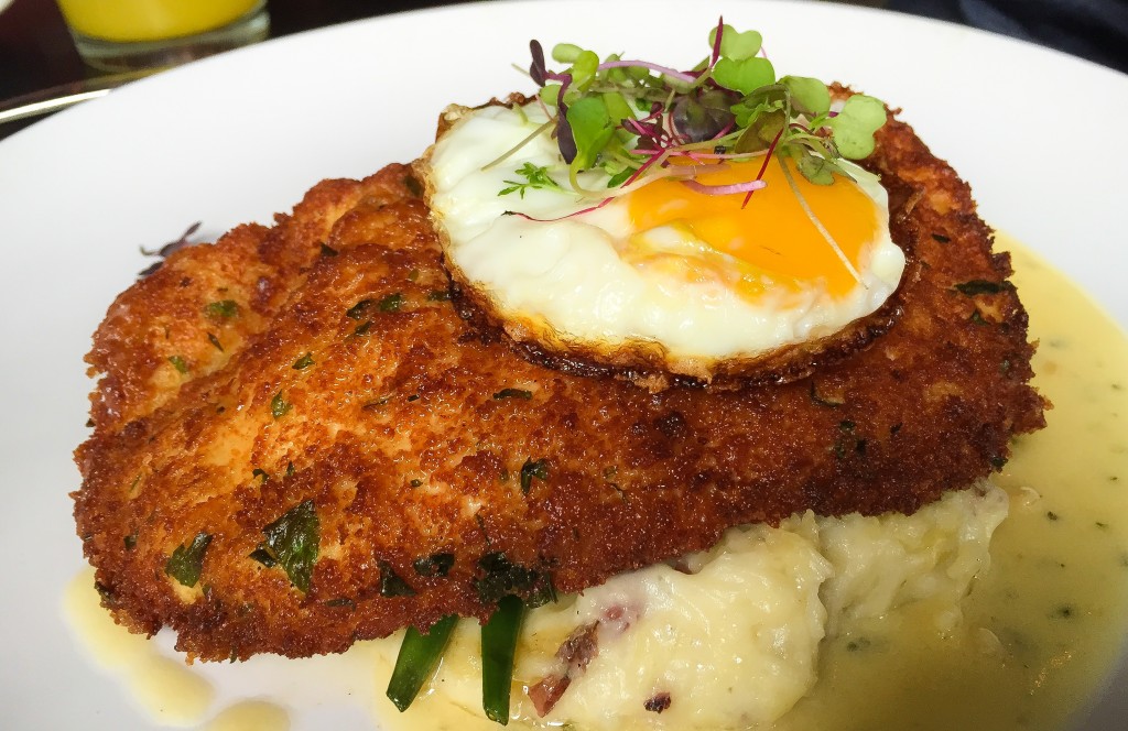 CHICKEN SCHNITZEL fried egg, peppercorn potatoes, haricot verts, dill cream sauce - $21.25