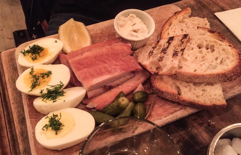 Smoked Trout  hard-boiled egg, horseradish cream, buttered sourdough toast - $17