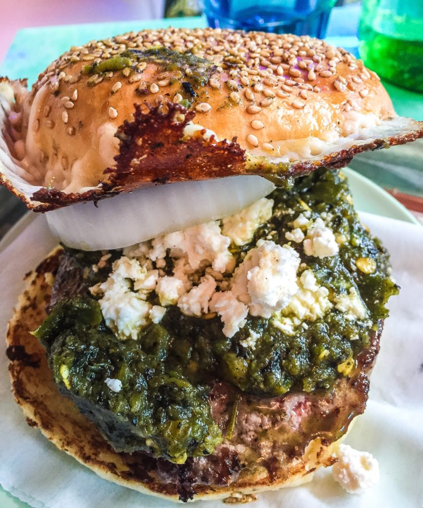 Green Chili Cheese Burger - $18   Fermented Green Chili peppers, mozzarella & feta