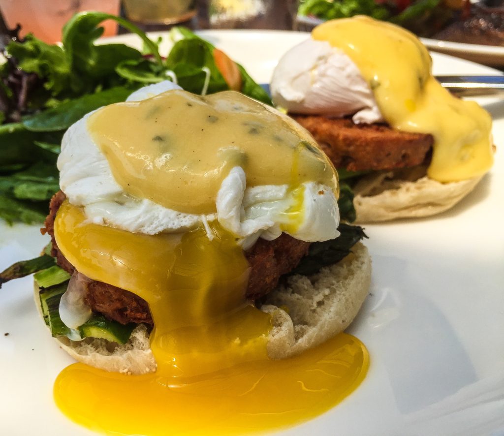 Chicken Sausage Benedict  poached eggs - d'espelette hollandaise 