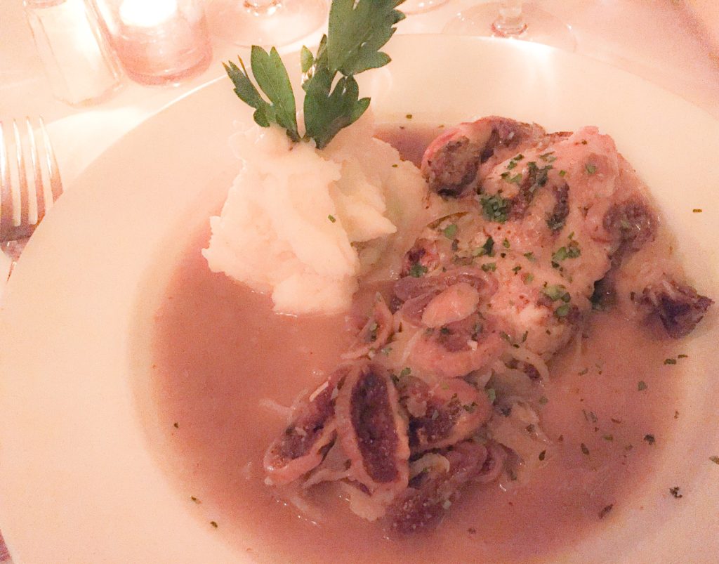 Demi-Poulet Roti - $25.00 Roasted organic half chicken, mashed potatoes, sautéed fennel, dry figs, natural jus.