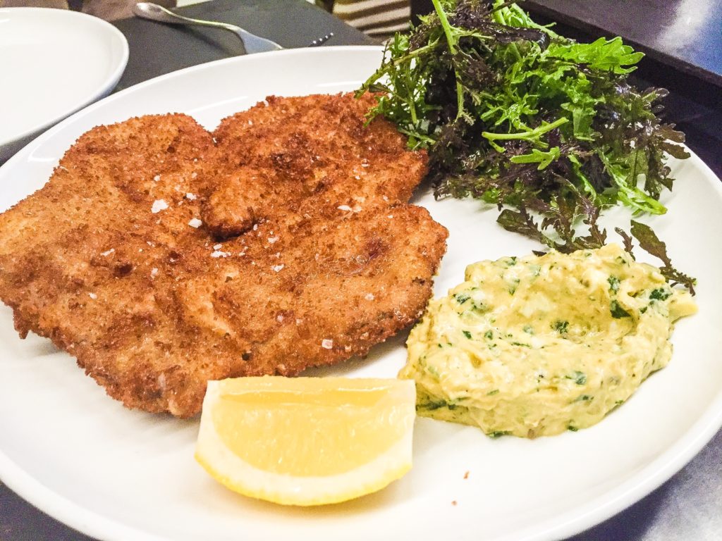 Pork milanese, gribiche, mustard greens 