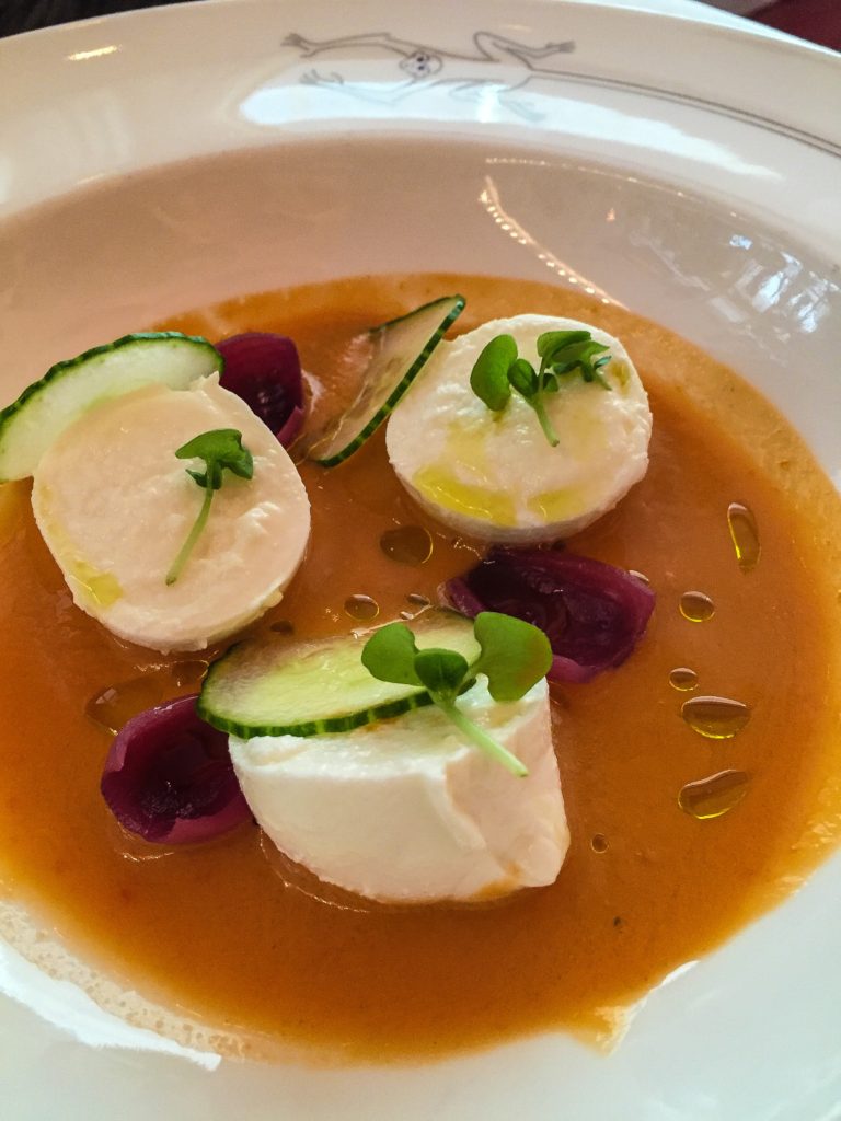 Mozzarella Di Buffalo Gazpacho dressing, julienne of cucumber and pickled red onion 