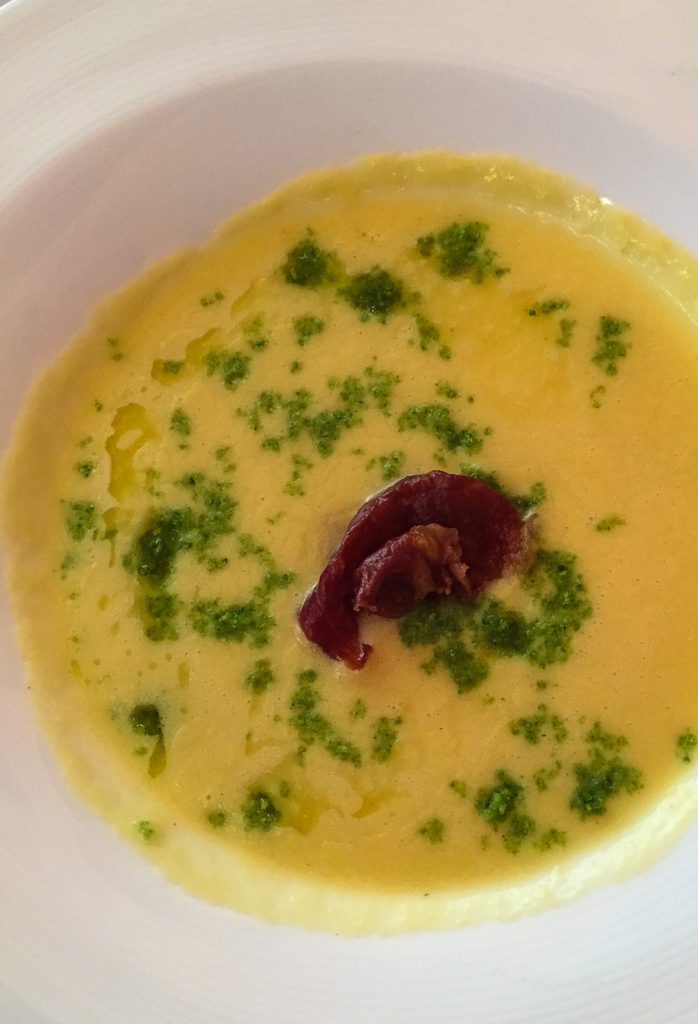 Corn Soup Fresh‎ herbs breadcrumb, crispy speck 