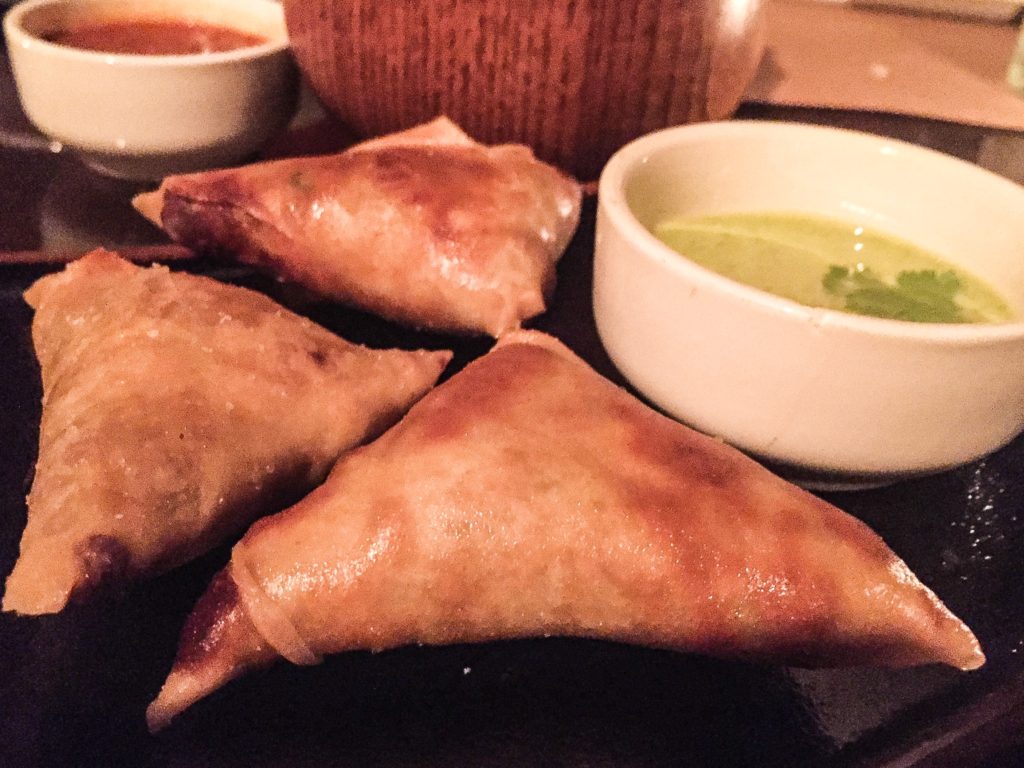 Spiced Chicken Samosas with Cilantro Yogurt - $12