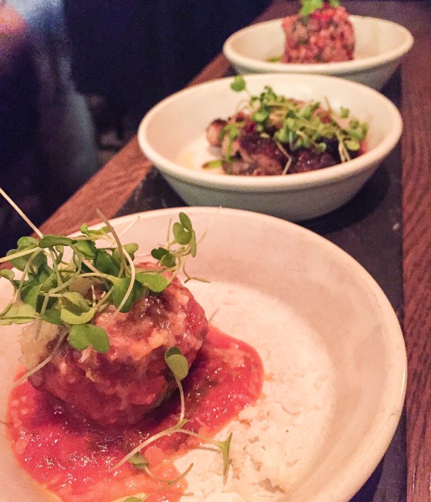 Meatball, tomato-piquillo sauce, goat cheese