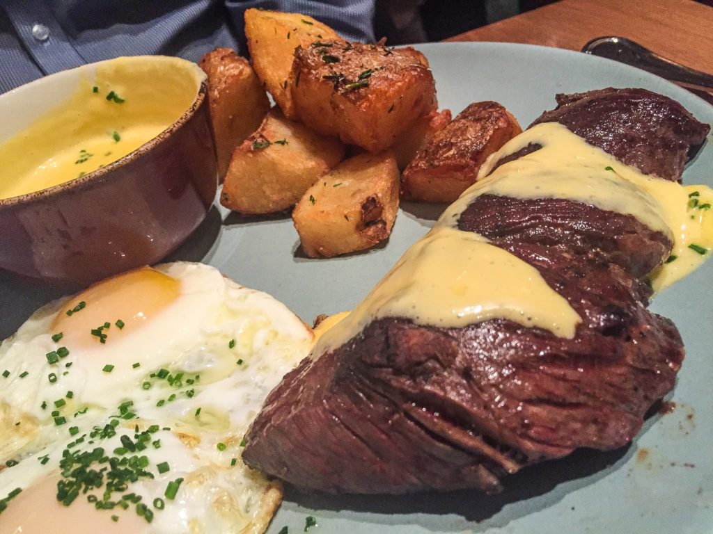 STEAK & EGGS $28 HANGER STEAK, FRIED EGGS, BREAKFAST POTATOES, BEARNAISE